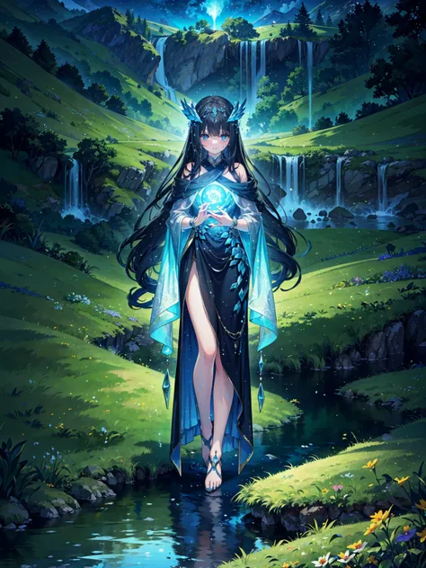 (((masterpiece, best quality, high detailed, 16k))) (1girl) A serene goddess with long flowing black hair, her body seamlessly blending with serpent-like scales that shimmer with iridescent colors. She wears a light, ethereal robe adorned with flowing wate...