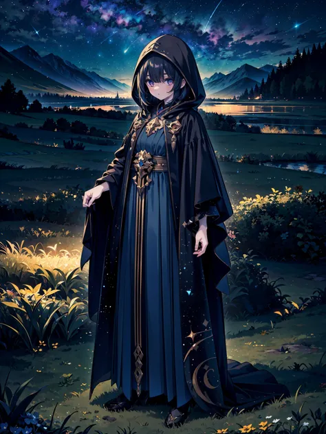 Lua Nova – A Guardiã do Recomeço (((masterpiece, best quality, high detailed, 16k))) (1girl) A mysterious woman cloaked in dark robes, her long black hair blending into the night. Her pale, ethereal skin glows faintly under the starry sky, and her eyes are...