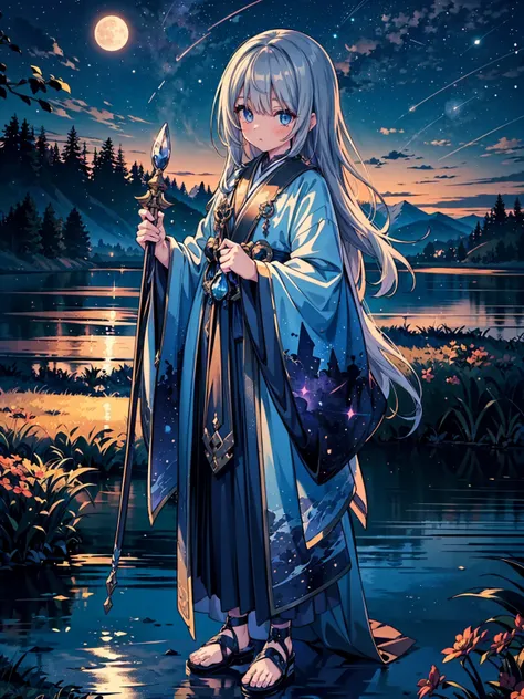 (((masterpiece, best quality, high detailed, 16k))) (1girl) A calm and serene woman with long, flowing dark silver hair, her eyes glowing with the quiet wisdom of the waning moon. She wears a robe adorned with twilight colors, fading from bright silver to ...