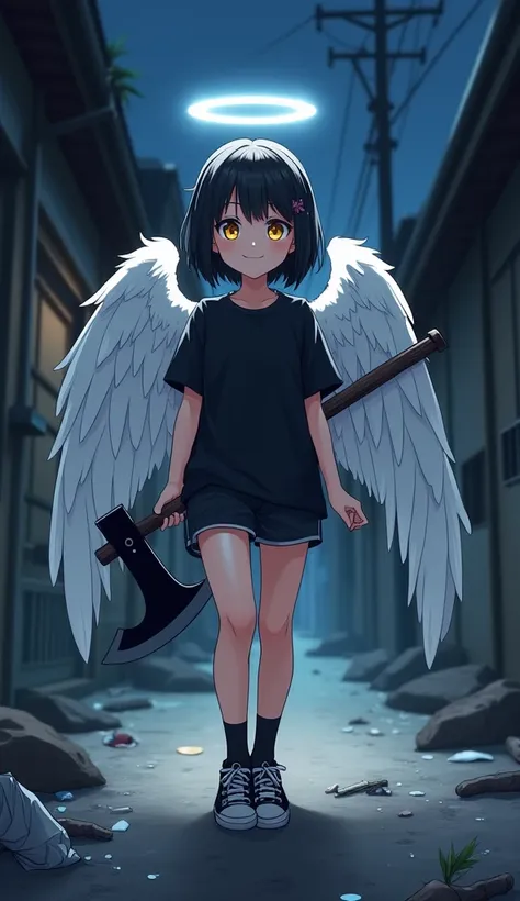 masterpiece, Best Quality, High resolution, Very detailed,(((Cute black haired girl))), (((Japanese Anime))), (((Black T-shirt))), (((Shorts))), (((Black socks))), (((sneakers))), (((Angel wings growing from his back))), (((Angel Halo))), (((Has an axe))),...