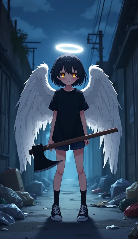 masterpiece, Best Quality, High resolution, Very detailed,(((Cute black haired girl))), (((Japanese Anime))), (((Black T-shirt))), (((Shorts))), (((Black socks))), (((sneakers))), (((Angel wings growing from his back))), (((Angel Halo))), (((Has an axe))),...