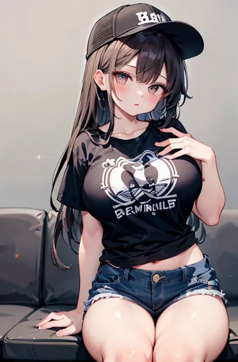  ((1 girl)),Rough pose, (Sit down and raise your knees), Droopy eyes, (Punk Fashion), (Oversized T-shirt),Shorts, Trucker Cap, warm, Black Fashion , , デニムShorts, Big Breasts, Cowboy Shot,((Very detailed,Please redeem, High resolution, Indifference, 8K wall...