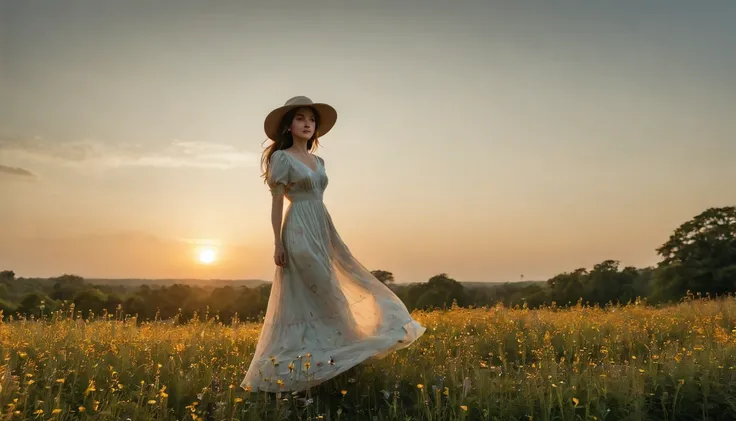 In this image, a woman wearing a flowing long dress and a wide-brimmed hat stands in a field of wildflowers during sunset. The soft evening light glows from behind her, creating a golden halo around her figure. The camera captures her from a slightly low a...