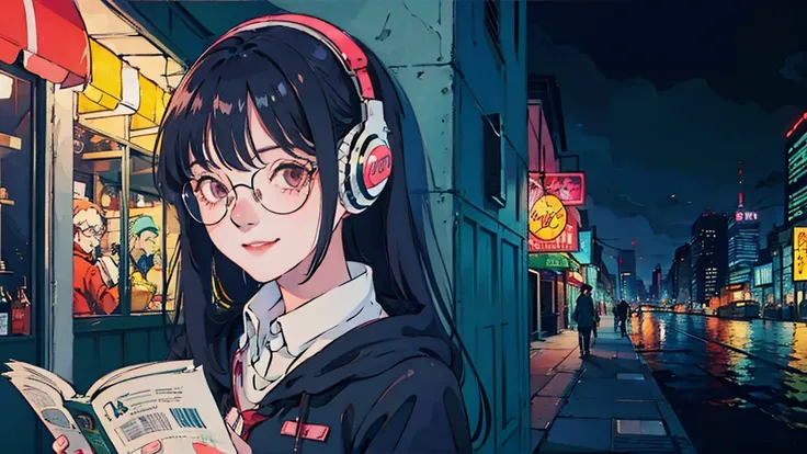 anime　girl　Black Hair　Glasses　concentrated　smile　Reading in a city cafe　Headphones　Semi-long