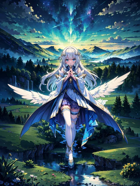 (((masterpiece, best quality, high detailed, 16k))) (1girl) A graceful and serene angel with long flowing white hair, her eyes glowing with a calm light. She wears silver robes with soft armor beneath, and her wings glow with a radiant silver hue. In her h...