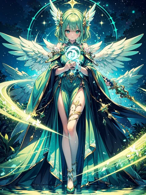  (((masterpiece, best quality, high detailed, 16k))) (1girl) A nurturing angel with soft green hair and gentle eyes, dressed in light, flowing green robes adorned with celestial symbols. Her wings glow with a soft, healing light, and she holds a staff that...