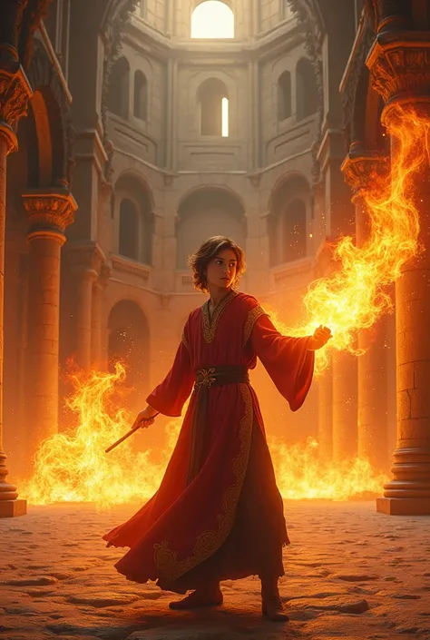 A young wizard using fire magic in a coliseum