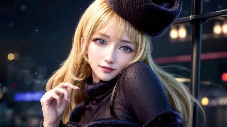 material, Long Hair, Blonde,Fur trim, Black Hat, Fur is, dress,(Cowboy Shot:1.1), Yellow Eyes, (luggage:1.1), vapor (station:1.1),stationのプラットホーム,  night, milky way,999 Best Quality, Very detailed, masterpiece, Confused,8k,   (Beautiful Eyes, Deep Eyes),ph...