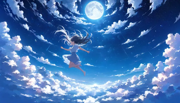 One Woman,pastel,Women are falling,In the air,Under the night sky,Light shines in,Above the Clouds,Glowing white clouds,Light clouds,Many Stars,Strong moonlight,View from afar,A touching scene,Strong contrast