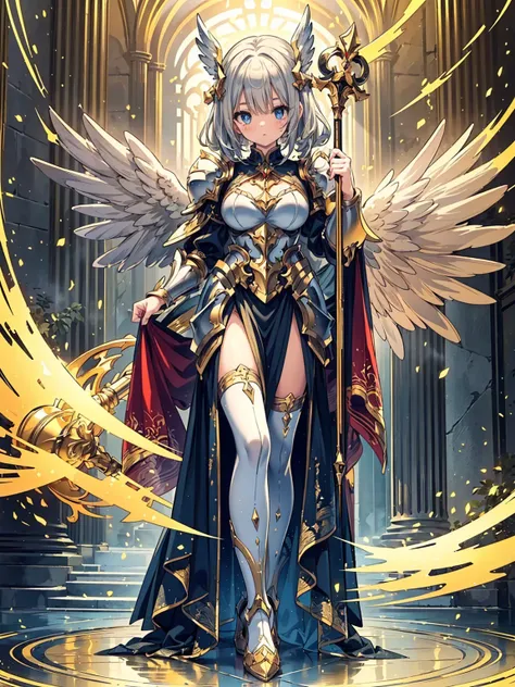 (((masterpiece, best quality, high detailed, 16k))) (1girl) A strong and noble angel with long blonde hair tied in a braid, her eyes glowing with justice. She wears heavy silver armor adorned with the scales of judgment and carries a large golden staff. He...