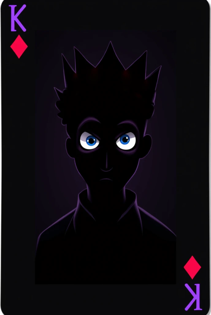 Create an all-black king playing card with a silhouette of a man with a crown and blue eyes with red details on the cards and the purple Ks at the ends; the man has to be a cartoon 