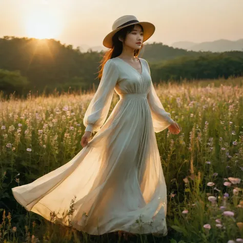 In this image, a japanese woman wearing a flowing long dress and a wide-brimmed hat stands in a field of wildflowers during sunset. The soft evening light glows from behind her, creating a golden halo around her figure. The camera captures her from a sligh...