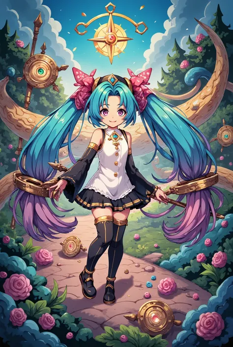 (masterpiece、Best Quality、Best Quality、Official Art、Beautiful and beautiful:1.2)、(One person:1.3)Hatsune Miku、Twin tails,Beautiful breasts,Koraki, Surrealist, rescue, Hilma af Klint Style, A girl with long, straight black hair, pink bow headband, Compass i...