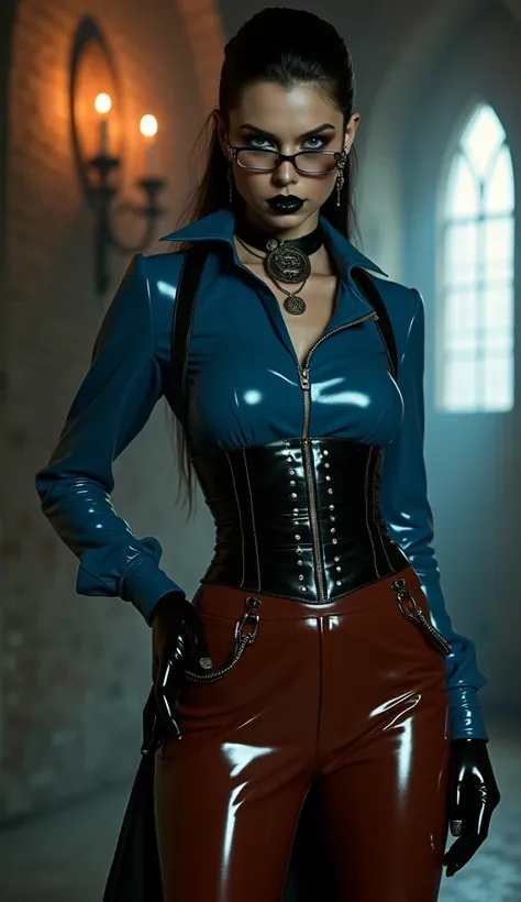 femme, vue de deux, latex, brillant, Les vampires, stricte, latex, brillant, collier bande latex avec large anneau métallique, chemisier latex bleu marine, zip dans le dos, longue jupe marron rouge latex, poches sur les fesses, serre taille latex noir, bre...