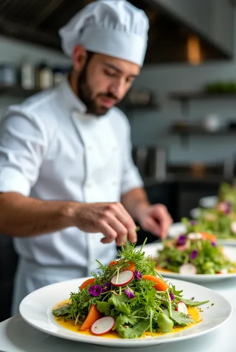 Create a cook preparing a beautiful plate of colorfully decorated salads