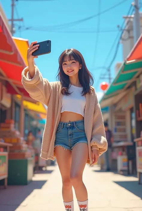 A cheerful Korean teenage girl with a bright smile, dressed in a loose cropped t-shirt layered with a stylish oversized knit jacket, denim shorts, and patterned long socks with stylish sneakers. She is taking a selfie in a trendy outdoor market with stalls...