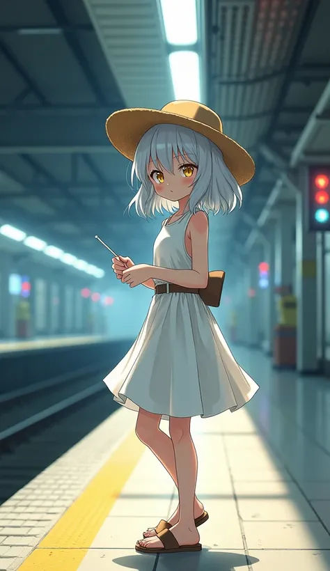 masterpiece, Best Quality, High resolution, Very detailed,(((Cute girl with white hair))), (((Japanese Anime))), (((White sleeveless dress))), (((Straw hat))), (((Sandals))), (((Underground Station))), (((Platform))), (((Waiting for the train))), (((Have a...