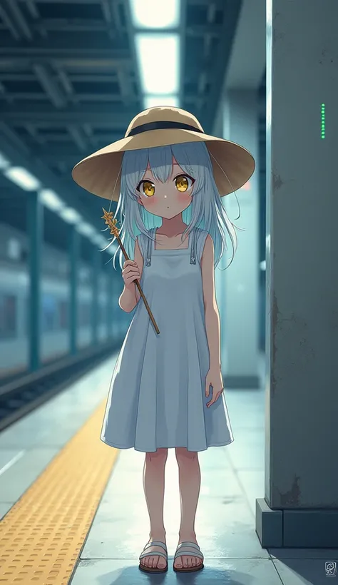 masterpiece, Best Quality, High resolution, Very detailed,(((Cute girl with white hair))), (((Japanese Anime))), (((White sleeveless dress))), (((Straw hat))), (((Sandals))), (((Underground Station))), (((Platform))), (((Waiting for the train))), (((Have a...