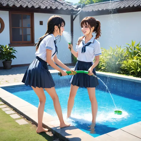 ((highest quality)), ((masterpiece:1.3)), (ultra high resolution, Realistic, Photorealistic:1.37, Beautiful detailed girls), (full body:1.3), two Beautiful Girls, Highly detailed beautiful face, Only Girls, Only Cuties, Cyan blue color empty pool, cleaning...