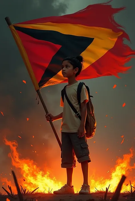 An 1 youth has a East Timor flag in his hand and fire under his feet