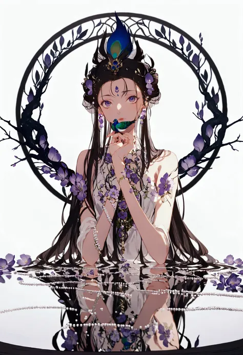 1Girl Purple Flower Pattern White Background, Sitting in the middle, Onmyoji，Peacock King, In the middle circle, Long hair, Water reflection,
