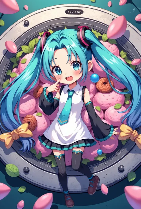 (masterpiece、Best Quality、Best Quality、Official Art、Beautiful and beautiful:1.2)、(One person:1.3)Hatsune Miku、Twin tails,Beautiful breasts,Manhole Art、Chibi Character、Anime illustration