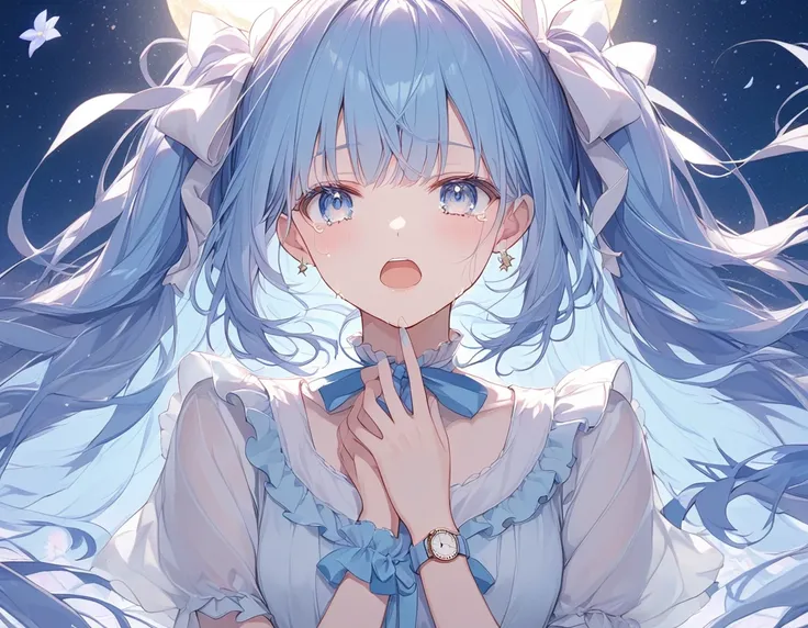 A woman crying,pastel,Place your hand on your chest,one hand,To ask for help,Open your mouth,shout,Light blue base,Light blue eyes,Star Iris,Light blue hair,Twin tails,ribbon,White shirt,The background is night,The female edge shines,Emphasise the female, ...