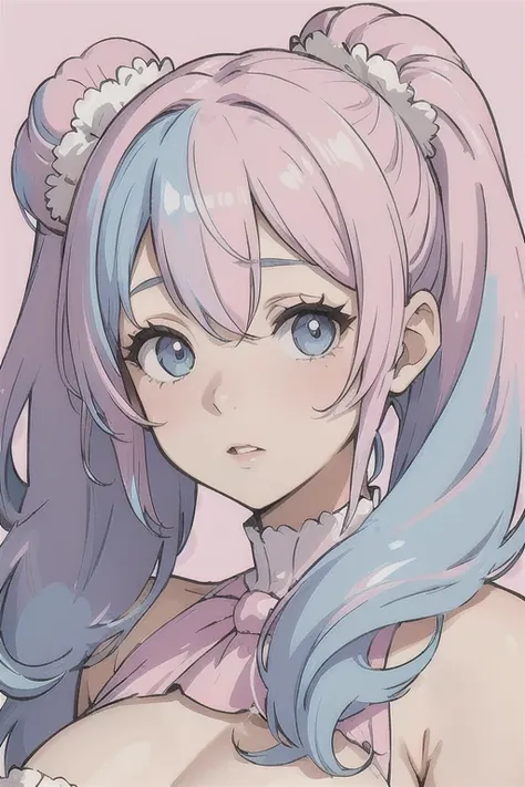 (The best quality, masterpiece:1.2) (portrait), melody, hair ornament, soft and fluffy hair, pastel pink and pastel blue hair, sidelocks, twintails , busty, natural tits, erect nipples, lots of pubic hair 