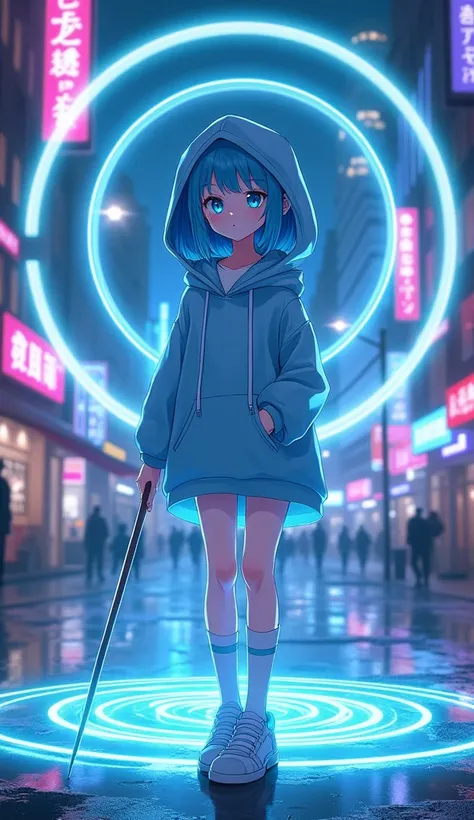 masterpiece, Best Quality, High resolution, Very detailed,(((Cute girl with blue hair))), (((Japanese Anime))), (((Light blue robe))), (((wearing a hood))), (((Have a magic wand))), (((White socks with light blue lines))), (((sneakers))), (((Neon lines))),...