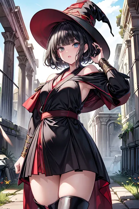 A girl is posing for a photo, animeのcute女の子,  ((One Girl)), ((baby face:1.4)), ((cute:1.5)), 
break 

((Black and Red)Wizard Robe:1.6), ((Black and Red)Witch Hat), (Red gems embedded in(Silver and Black)Long Dress), (Black Gauntlets), (Red cape with should...