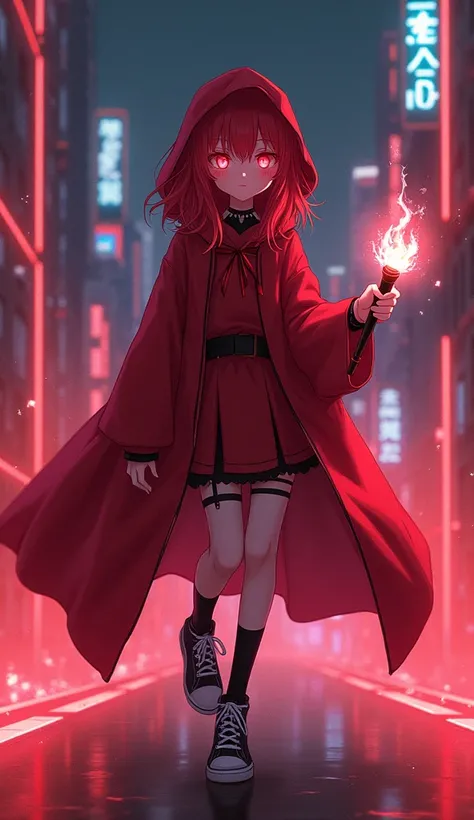 masterpiece, Best Quality, High resolution, Very detailed,(((Cute girl with red hair))), (((Japanese Anime))), (((Red Robe))), (((wearing a hood))), (((Have a magic wand))), (((Black socks))), (((sneakers))), (((Neon lines))), (((Cyberpunk))), (((Cyberpunk...