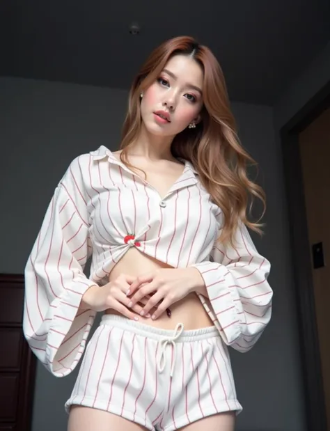 （High resolution), (8k), (Very detailed), (photo-realistic:1.3), , (Highest quality), (masterpiece), thin waist, (anatomically correct)),(Curvaceous physique),((Beautiful woman in pajamas standing in her bedroom)),((Roll up your pajamas to show your pantie...