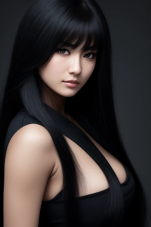 most very jet black hair , very long hair, very wolf hair,most very wolf cut hair,coarse hair, thick hair,fluffy hair,most very heavy-weight hairstyle,most very stiff hair,most very voluminous hair,female jail officer,black uniform,black pants,1 Japanese w...