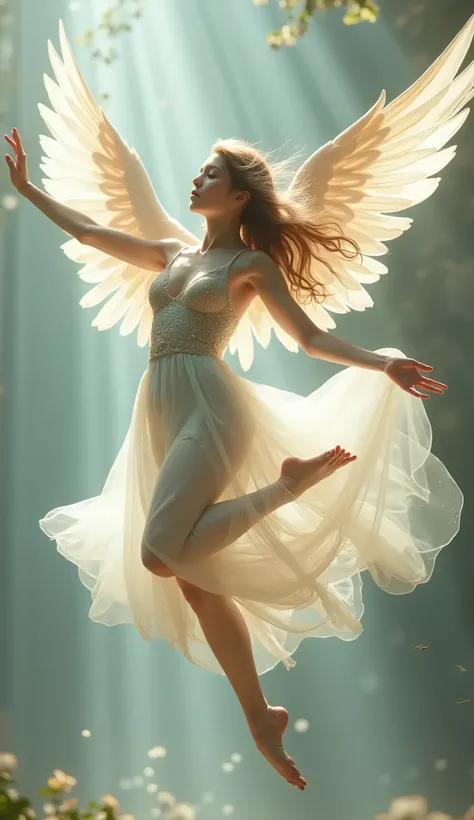 Beautiful angel woman doing high kick。flies, very transparent dress, naked, full height, 