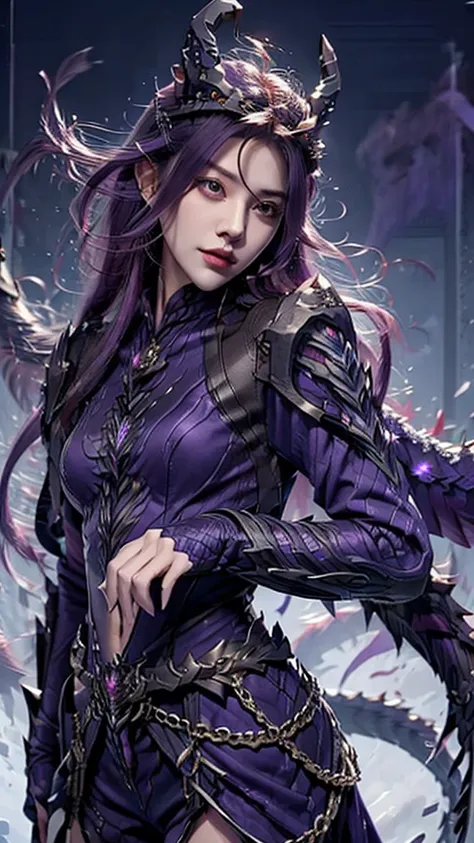 [fair, grace, slight, , long flowing hair(purple), face shape ([cold) ,sexy (small mouth), dragon horn (purple),, wearing dragon...