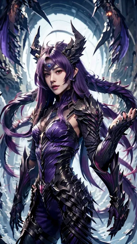 [fair, grace, slight, , long flowing hair(purple), face shape ([cold) ,sexy (small mouth), dragon horn (purple),, wearing dragon...