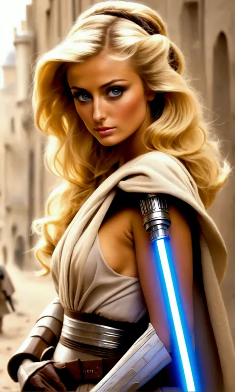 paris hilton (age 20, amazing butt, small breasts, amazing large eyes, noble jedi, only 1 blue lightsaber, sexy jedi outfit) shocked, betrayal, 100 of her former clone troopers try to kill her, sci fi city, urban warfare, paris is being shot at from all si...