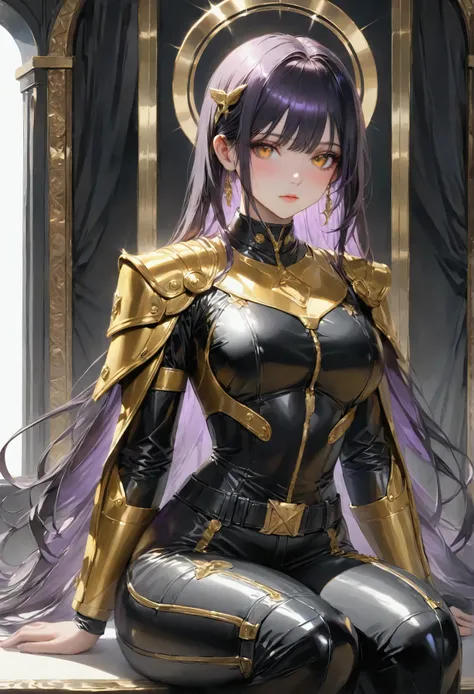 Long smooth straight black hair, inner colored dark-purple hair, golden eyes,sitting in ranger clothes, masterpiece, super detail, best quality, 8k,realistic