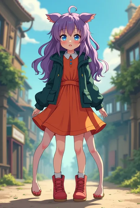 A girl about , long wavy violet hair, blue eyes, She wears an orange-red dress and a dark green jacket., She also wears red shoes, but that&#39;s true, has two legs higher than the waist, I mean, has four legs. anime style.