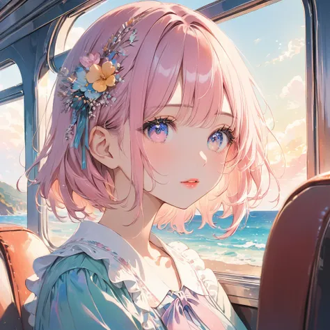 (Three girls sitting on train seats looking out the window at the ocean), super cute, (pastel art, pastel drawing by Takano Aya), trending on pixiv, conceptual art, beautifully detailed eyes, beautifully detailed lips, highly detailed faces and expressions...