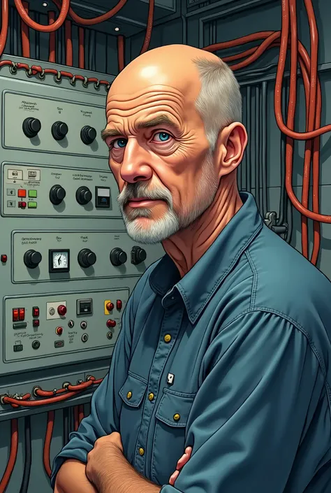 electrician. man. bald. about 45 years old. many cables . control panel and PLC. illustration. looking ahead. portrait. 