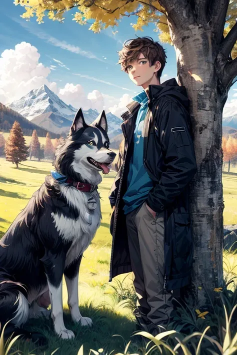 A young adult white boy with brown hair, two black and white huskies with blue eyes, mountainous landscape with grass, looking at the observer, blue sky with clouds, high quality, soft light, fall clothes, leaning against the tree