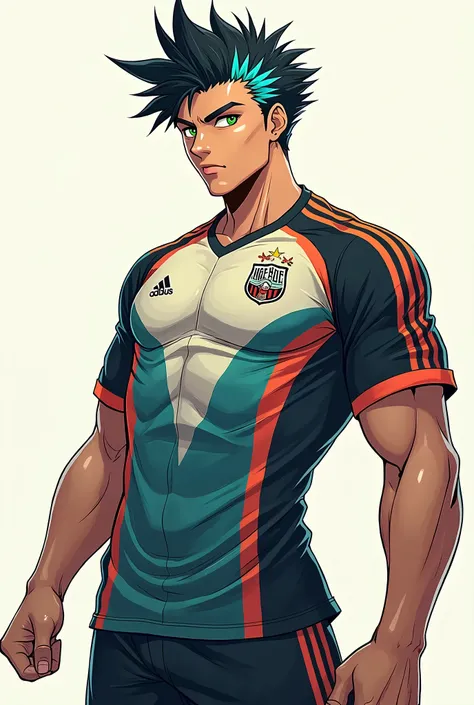 Anime He stands at 60", with spiky black hair, accented by an electric blue streak, and bright green eyes. whole body soccer shirt