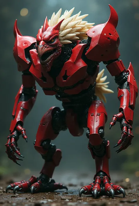 Red Transformer hybrid with a chicken, monstrous, look angry, creepy image, 