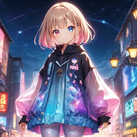 She is a cute girl (Yuki Asuna: 1.1) with a slightly childish look and side-braided hairstyle (milk tea beige diagonal short bob: 1.2). She has big anime-like eyes (galactic glow effect: 1.4), one eye is bright pink and the other eye is transparent color (...