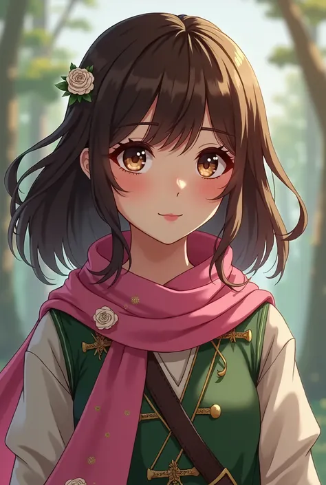 A young teenage girl between 12 and , a Demon Slayer. Her eyes are brown and wide-set. Her hair is medium length and has bangs. It is brown. She wears a Demon Slayer outfit and a pink scarf with some white roses on it. 