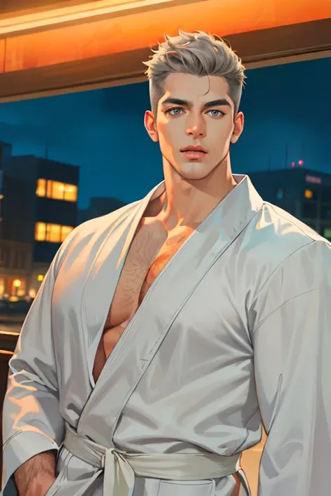 (absurd, high resolution, super detailed, realistic,), 1 male, soloist, adult, mature, tall muscular face, wide shoulders, handsome, large hair, gray hair, green eyes, angular chin, thick neck, thick eyebrows, night, dark, night view from the city backgrou...