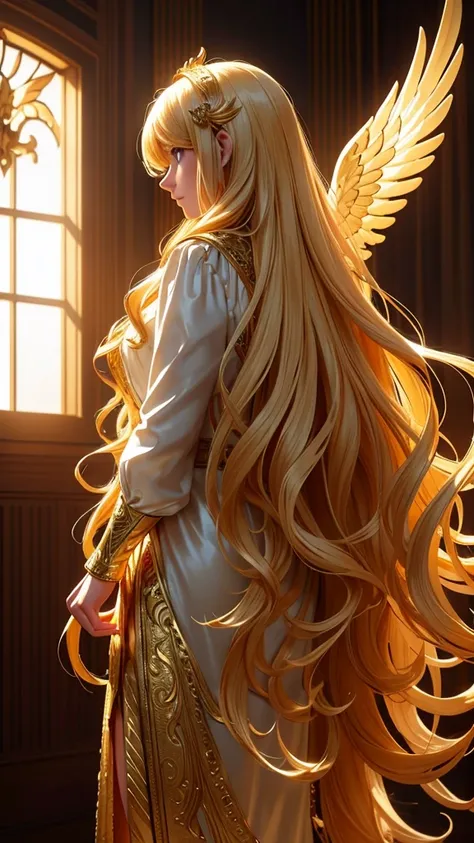 Flowing wavy hair, golden hair accessories, gold decoration on white translucent fabric, large gold wings, standing pose, deep shadows reflected by dramatic lighting from the side, indoor setting, fantastic and mysterious atmosphere, detailed texture, bala...