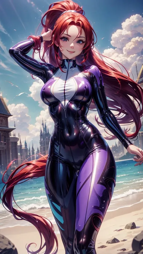 A beautiful young woman with long red hair in a ponytail, wearing a transparent spandex swimsuit, purple latex accessories, seductively smiling and looking down, extremely detailed and realistic, 4k resolution, high-definition, masterpiece, unique image