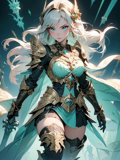 (((masterpiece, best quality, high detailed, 16k))) (1girl) A breathtakingly beautiful warrior, slender and graceful, yet draped in a massive, intricately detailed armor that radiates power. Her short, silken hair is perfectly styled, complementing her str...